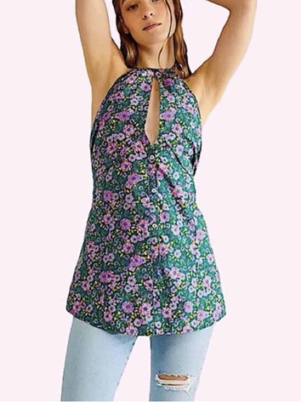 New Free People Layla Halter Tunic Top Size XS Floral Keyhole Button-Front NWOT
